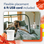 Bedroom scene with Glade Scent Flow device on a bedside table and callout stating a 6 ft USB cord is included for flexible placement.