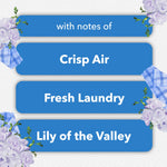 Blue panels with floral illustrations listing fragrance notes: Crisp Air, Fresh Laundry, Lily of the Valley