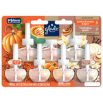 Front view of Glade plug-ins refill blister card showing seven clear refill bottles with pumpkin and vanilla bean graphics