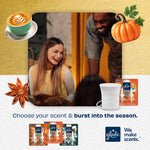 Smiling people at a gathering with Glade Scent Flow device and refill pack displayed alongside seasonal illustrations