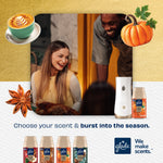 Dining scene of smiling people with Glade automatic spray device and Golden Pumpkin & Spice refill image and seasonal graphics