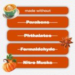 Informational panel listing ingredients not used with pumpkin imagery and Glade coffee latte graphic