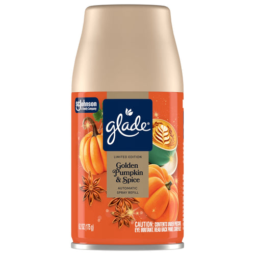 Studio product shot of a single Glade Golden Pumpkin & Spice automatic spray refill can on white background