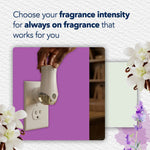 Hand adjusting a Glade plug-in warmer on an outlet with copy about choosing fragrance intensity for always-on fragrance
