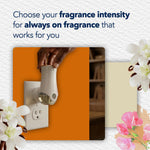 Hand inserting or adjusting a Glade plug-in warmer in an outlet with guidance about fragrance intensity