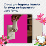 Hand adjusting a Glade PlugIns warmer in an outlet with copy about choosing fragrance intensity and floral accents