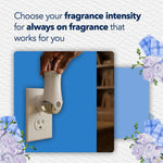 Hand adjusting a Glade PlugIns warmer in an outlet with text about choosing fragrance intensity for always-on fragrance
