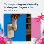 Hand inserting a Glade plug-in warmer into a wall outlet demonstrating adjustable fragrance intensity on packaging