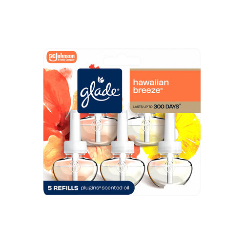 Glade Hawaiian Breeze plug-in scented oil refills in retail blister pack showing five refill bottles and floral artwork