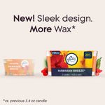 Marketing image comparing new Glade Hawaiian Breeze sleek design pack beside previous smaller candle package