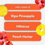 Graphic listing fragrance notes for Glade Hawaiian Breeze: ripe pineapple, hibiscus and peach, with tropical fruit artwork