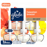 Front retail packaging of Glade Hawaiian Breeze plug-in scented oil showing brand logo, floral artwork and five refill bottles with product callouts