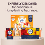 Promotional scene showing Glade Hawaiian Breeze products and an air freshener refill pack with headline about long-lasting fragrance