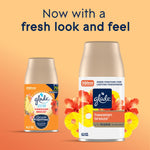 Glade Hawaiian Breeze refill cans shown with updated label artwork and text 'Now with a fresh look and feel'