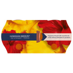 Top-down shaped cardboard sleeve artwork for Glade Hawaiian Breeze featuring hibiscus and pineapple imagery and product callouts