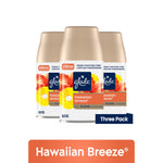 Three Glade Hawaiian Breeze automatic spray refill cans grouped together with a ‘Three Pack’ label on white background.