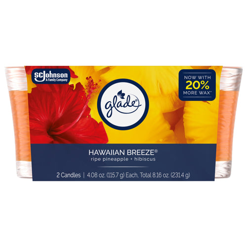 Glade Hawaiian Breeze twin jar candle pack front label showing hibiscus and pineapple artwork and product weight information