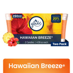 Glade Hawaiian Breeze two-pack candle packaging with hibiscus and pineapple graphics