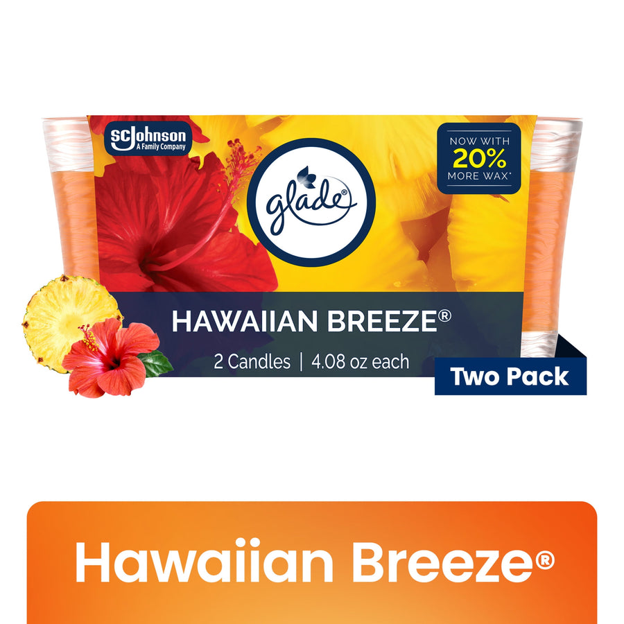Glade Hawaiian Breeze two-pack candle packaging with hibiscus and pineapple graphics