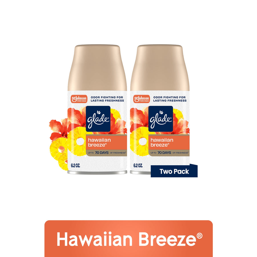 Two Glade Hawaiian Breeze automatic spray refill cans with floral pineapple artwork and 'Two Pack' badge