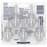 Back of Glade PlugIns refill blister pack showing five refill bottles in clear plastic tray with warning text and barcode visible.