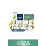 Glade jasmine & honeysuckle PlugIns scented oil refill pack showing five clear refill bottles in branded blister card packaging.
