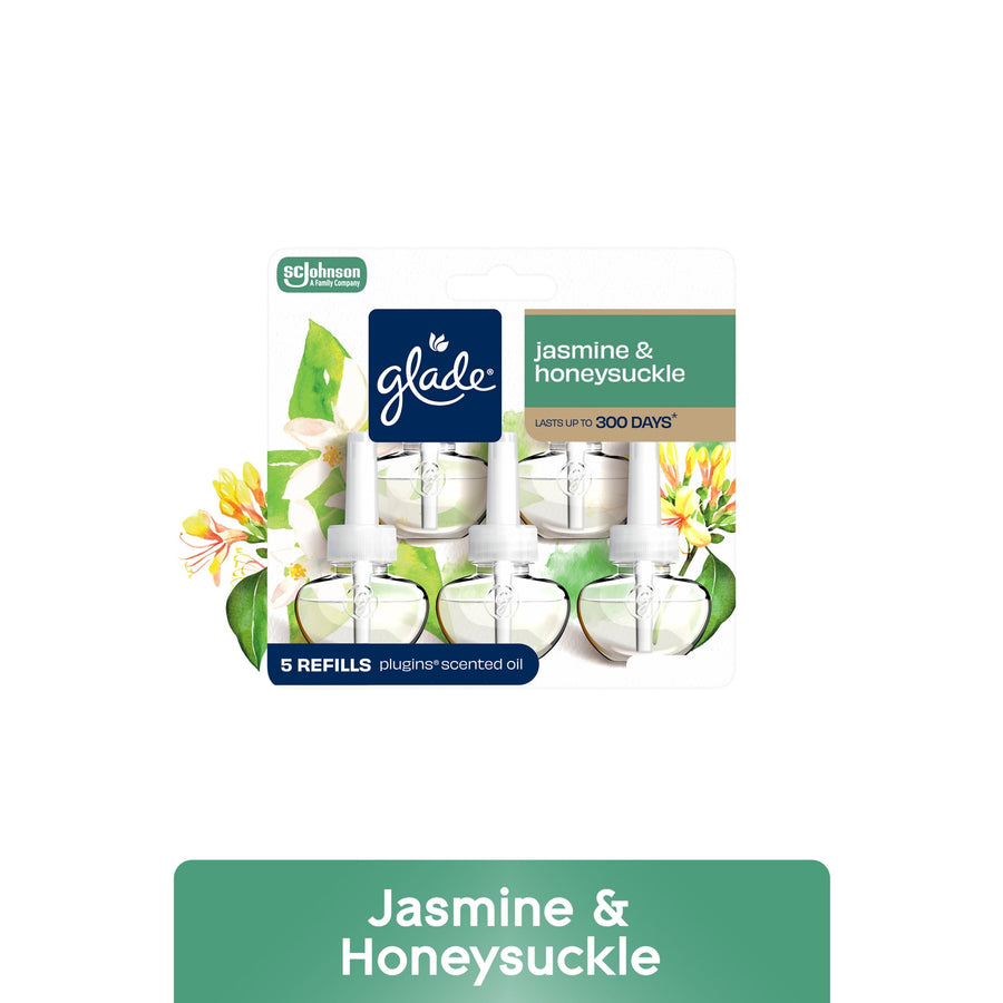 Glade jasmine & honeysuckle PlugIns scented oil refill pack showing five clear refill bottles in branded blister card packaging.
