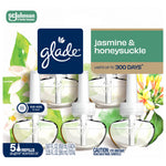 Close-up product shot of Glade jasmine & honeysuckle refill blister card front showing brand logo, scent name, and five clear refill bottles.