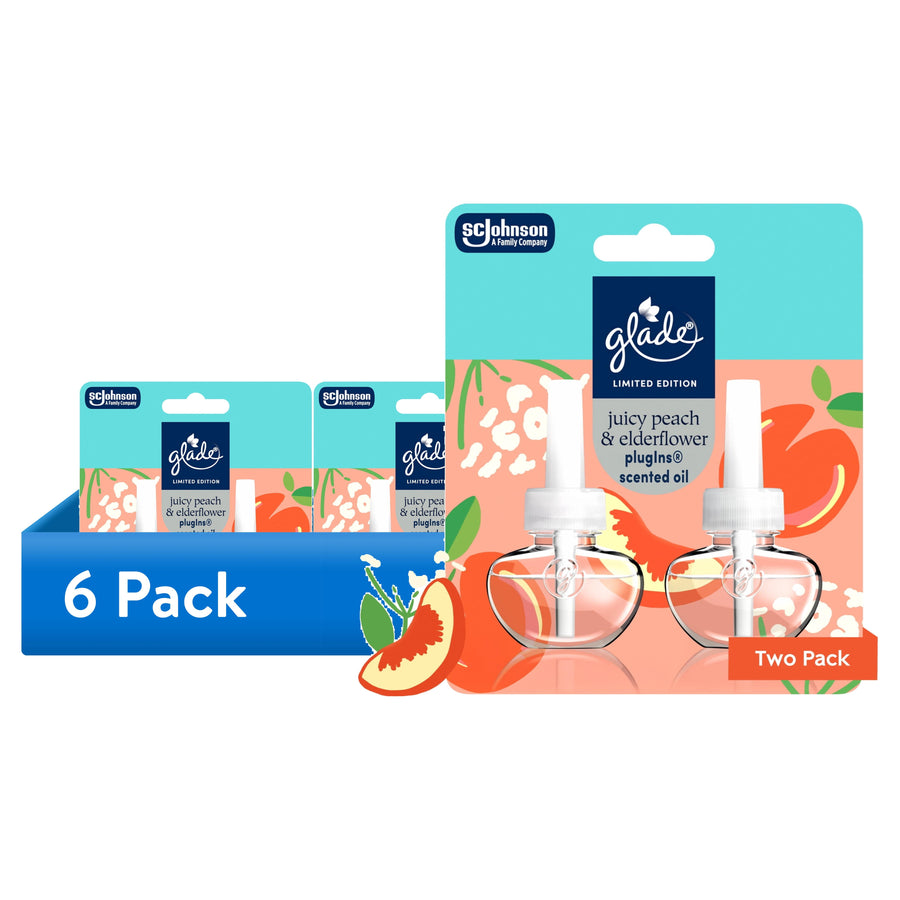 Glade Juicy Peach & Elderflower plug-in refill two-pack front artwork with six-pack display graphic and peach illustrations