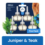 Glade Juniper & Teak PlugIns scented oil five-pack blister pack with botanical graphics on navy backing