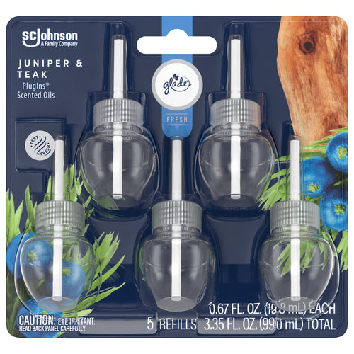 Front blister pack of Glade Juniper & Teak PlugIns scented oil refills showing five clear refill bulbs