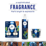 Product family shot showing Glade Juniper & Teak spray, plugin refills, and a candle with headline about a sophisticated fragrance