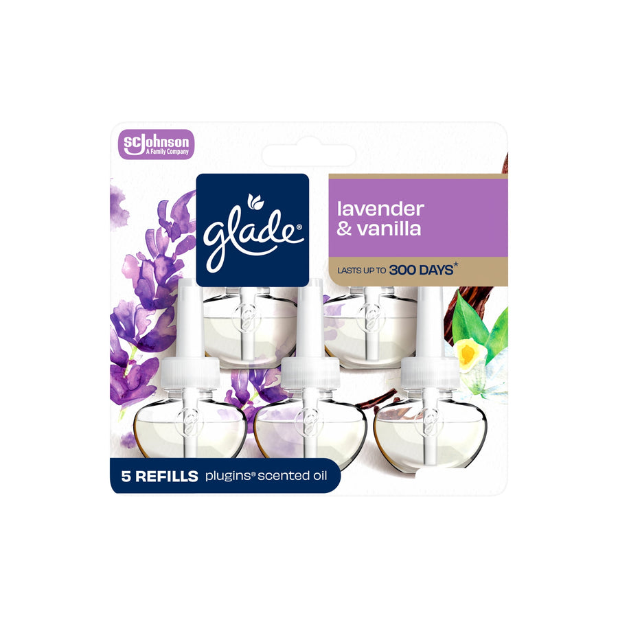 Glade lavender & vanilla plug-in scented oil refill blister pack showing five clear refill bottles and branding