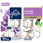 Front-facing Glade lavender & vanilla refill pack close-up showing Glade logo, scent name, and five clear refill bottles