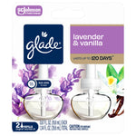 Close-up front blister pack of Glade lavender & vanilla plug-in scented oil refills showing bottles and branding