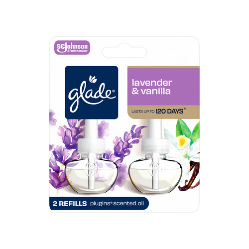 Glade lavender & vanilla scented oil refill twin-pack front blister card with floral artwork