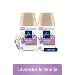 Two Glade automatic spray refill cans labeled lavender & vanilla with floral accents on white background