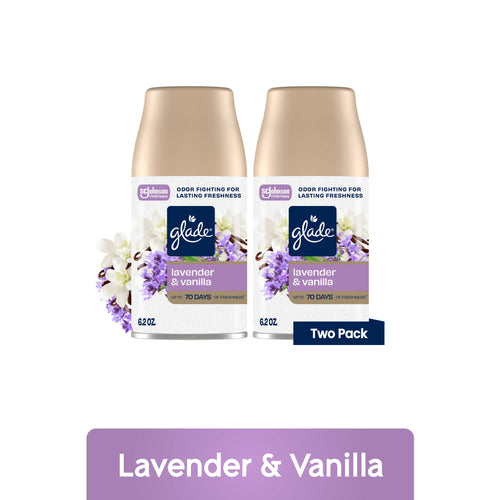 Two Glade automatic spray refill cans labeled lavender & vanilla with floral accents on white background