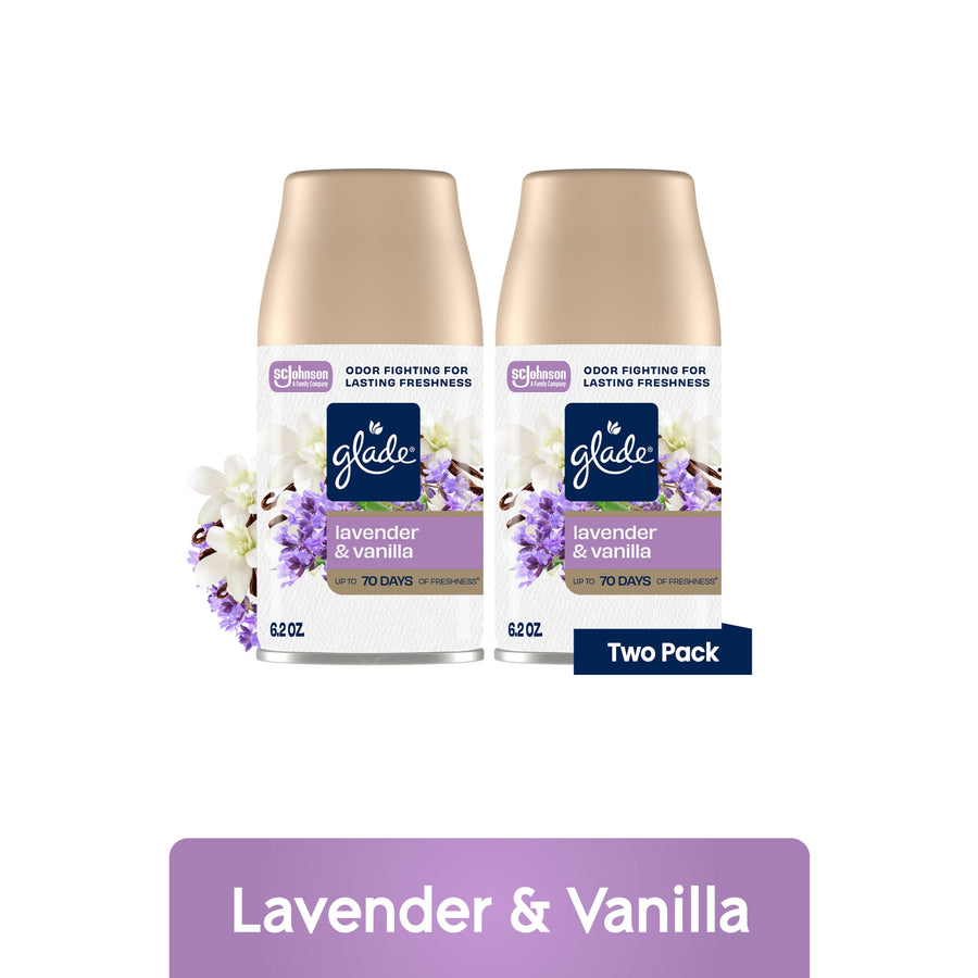 Two Glade automatic spray refill cans labeled lavender & vanilla with floral accents on white background