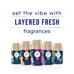 Promotional image showing multiple Glade Fresh refill cans under headline 'set the vibe with LAYERED FRESH fragrances'.