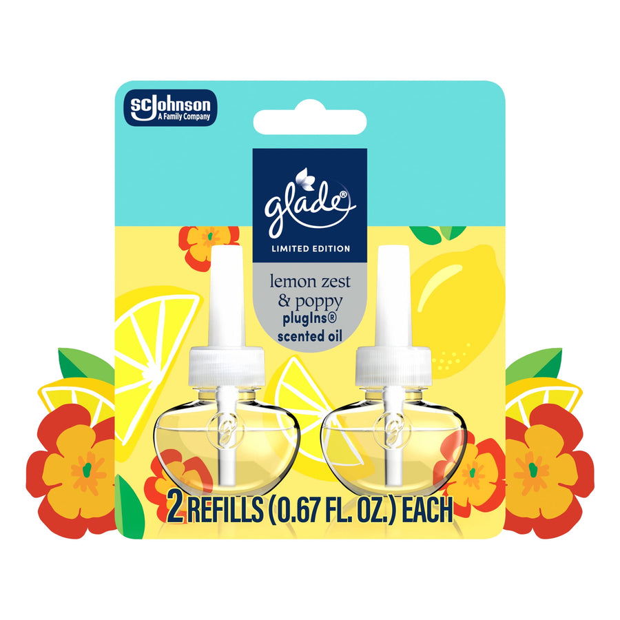 Glade limited edition lemon zest & poppy plug‑in refill twin pack with illustrated lemon and flower background