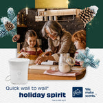 Lifestyle scene of family baking with Glade Scent Flow device pictured beside the photo and festive pinecone accents.