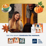 Promotional lifestyle photo of smiling people celebrating, decorated with pumpkins and Glade PlugIns product images