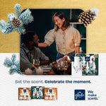 Couple celebrating at a dinner table with Glade product lineup inset and holiday pinecone decorations