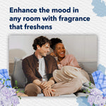 Lifestyle image of a smiling couple on a couch under bold text promoting fragrance to enhance the mood in any room
