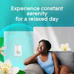 Lifestyle graphic showing smiling person seated near a plugged-in Glade warmer with calming teal background and flowers