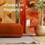 Lifestyle scene with a Glade PlugIns warmer on a vibrant tropical wall behind a red ottoman and potted plant, text reads Always on fragrance