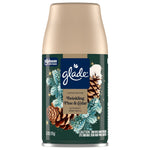 Glade Twinkling Pine & Cedar automatic spray refill can with decorative pinecone and frosted fir artwork on dark background