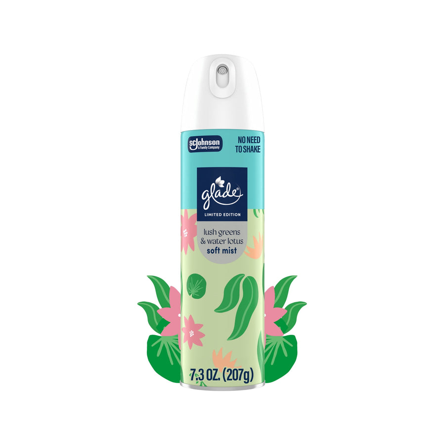 Glade limited edition soft mist room spray can with lush greens & water lotus label and decorative floral graphics