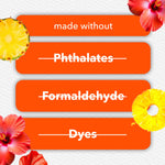 Orange callout graphic listing that the product is made without phthalates, formaldehyde, and dyes alongside hibiscus and pineapple artwork.